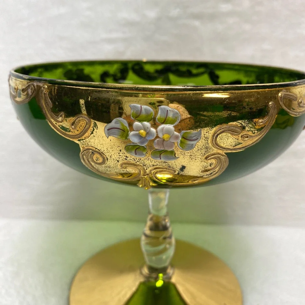 VTG Green Glass Pedestal Compote Bowl Goblet Candy Dish‎ Bowl Gold Leaf Italy